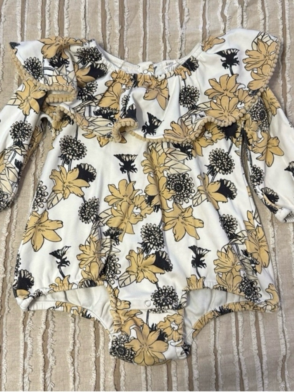 Kate Quinn Floral Ruffle Pom Pom Bubble Romper Cream Mustard Long Sleeve 2T